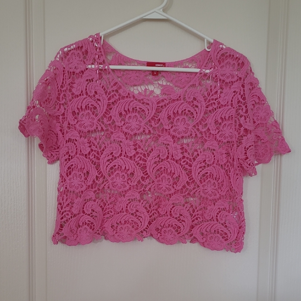 BONGO Vintage Crochet Lace Cropped Top Pink with Floral Design Size M - Picture 1 of 6
